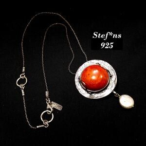 Sterling Silver Israel Artisan Pendant Necklace, Faux Pearl Dangle, 1990s